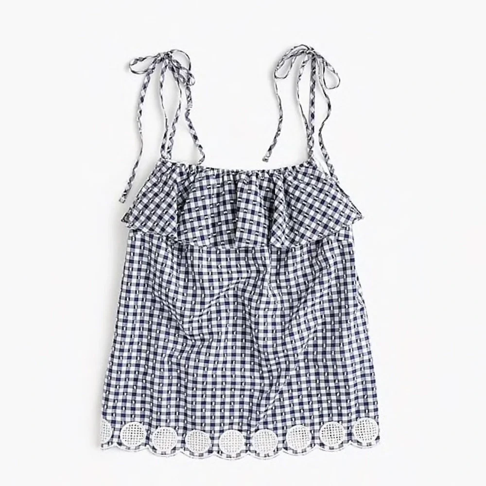 J. Crew Gingham Blue Ruffle Tie Shoulder Eyelet top